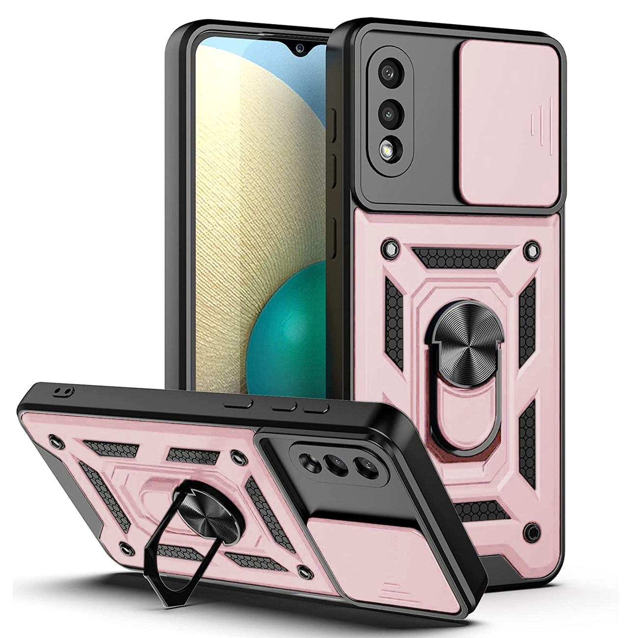 Kickstand Ring Holder with Slide Camera Cover TPU Shockproof Case and Magnetic Car Mount for SAMSUNG GALAXY A02/M05 In Rose Gold